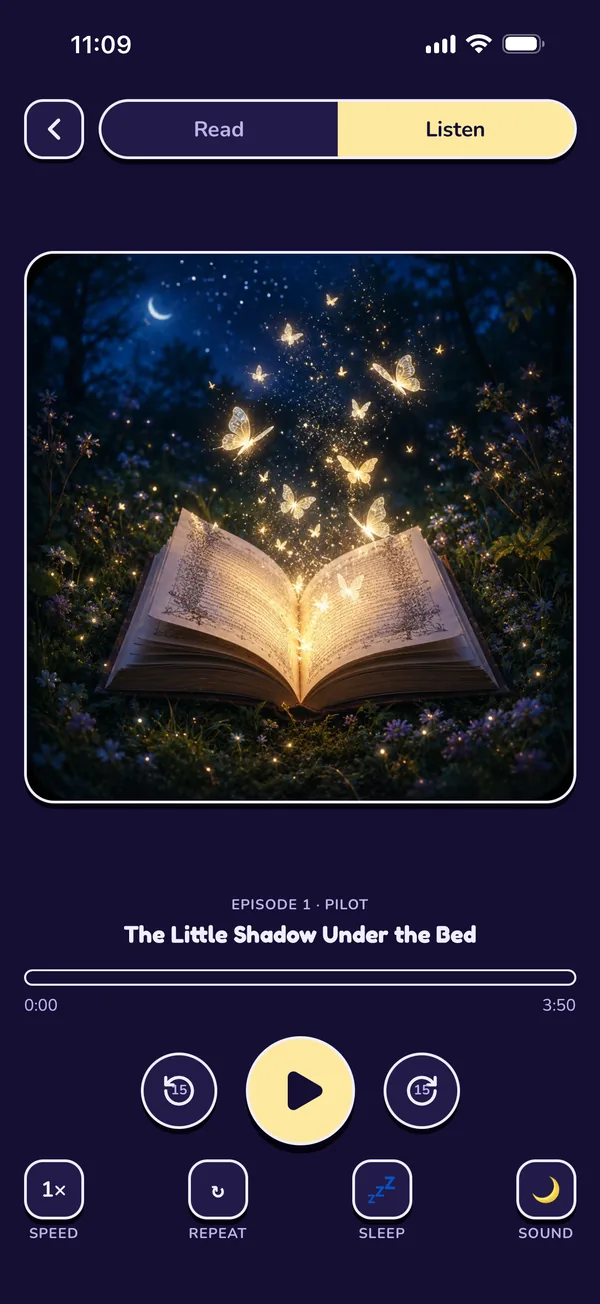 The player: a chapter playing with the screen dimmed, speed, repeat and a sleep timer