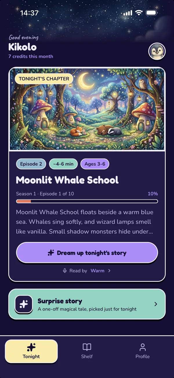 Lunela's Tonight screen: tonight's chapter of Kikolo's world, Moonlit Whale School, ready to play